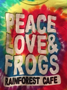 peace, love & frogs t-shirt compliments of the Rainforest Cafe.
